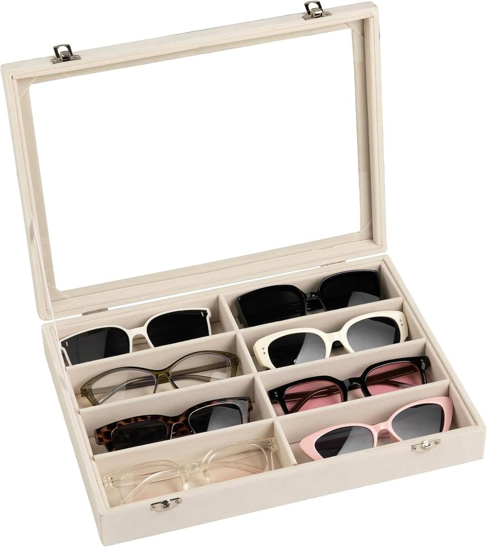 Frebeauty Sunglass Organizer,Velvet Glasses Organizer,8-Slot Sunglasses Tray with Clear Lid,Men's/Women's Sunglasses Box,Sunglass Case,13.3 x 9.6 x 2.2 Inches,Eyeglass/Eyewear Display Tray(Beige)