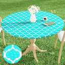 Smiry Round Picnic Tablecloth, Waterproof Elastic Fitted Table Covers for 45" - 56" Tables, Wipeable Flannel Backed Vinyl Tablecloths for Camping, Indoor, Outdoor, Teal & White