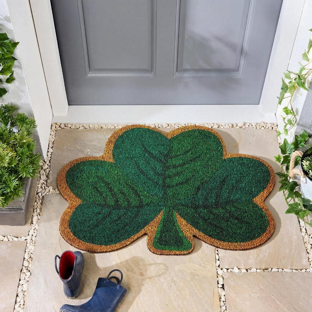 Tinideya St. Patrick's Day Shamrock Welcome Doormat Outdoor Shamrock Coir Door Mat Green Outdoor Indoor Entrance Door Mat Non Slip Rubber Backing for Saint Patty's Day Front Porch Entryway Decor (4" x 1'5")