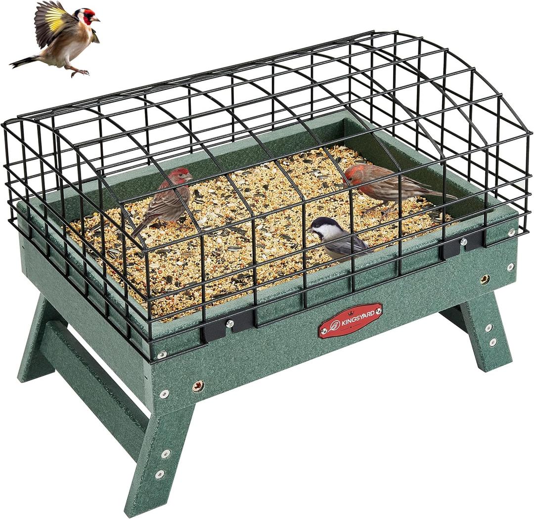 Kingsyard Squirrel Proof Ground Bird Feeder for Outdoors - Recycled Plastic Platform Feeding Station, Fly-Through Metal Caged Wild Bird Feeder for Small Birds, 5 LBS Large Capacity, Green