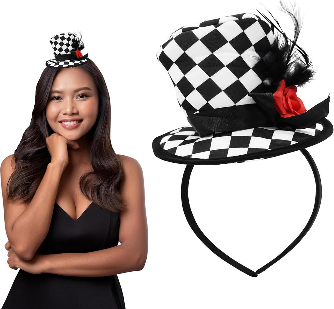 Nicky Bigs Novelties Mini Top Hat Headband - Black & White Checkered Clown Hat with Feathers & Rose, Jester Clown headband, Funny Hats For Women & Adults