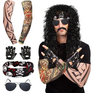 7 Pcs Rocker Costume Men's Wigs Black Curls Disco Men's Party Costume Men with Wigs Sunglasses Beards Sleeves Gloves Headscarves for 70s 80s 90s