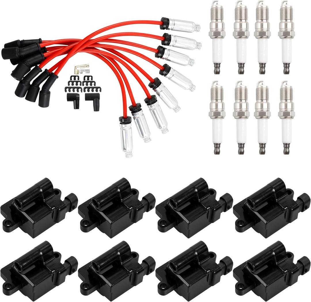 HQPASFY Ignition Coil UF271 & Iridium Spark Plug & Wires Set of 8 Compatible With 1999-2007 Chevy Avalanche Chevy Express Silverado 1500 2500 3500, Gmc Sierra Yukon 4.8L 5.3L 6.0L (Square coils)