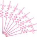 JOYIN 24 Pcs Valentine's Day Pink Glitter Straws with Bow Charms, 7.9" Reusable Plastic Straws, Pink Bow Themed Bachelorette Birthday Baby Shower Party Coquette Room Decor Tableware Drinkware Supply
