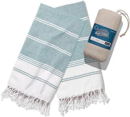 TEXAS LINEN CO. 100% Cotton Beach Towels Set of 2-39" x 71" Oversized Extra Large Towel with Bag - Quick Dry & Soft Durable for Pool, Gym, Yoga - Diamond Pattern Bath Towel for Adults - Green