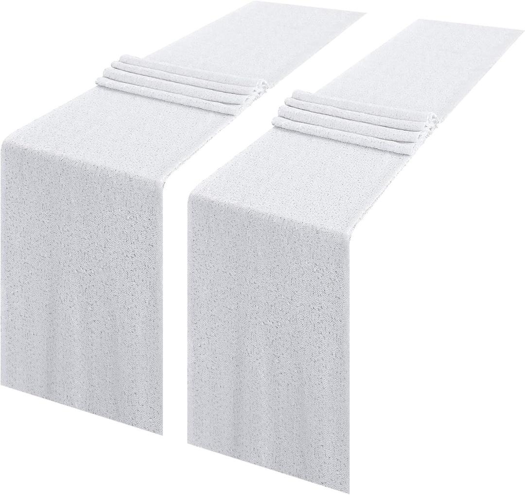 2 Packs 12 x 108 inches White Sequin Table Runner, Glitter White Table Runner for Wedding Birthday Bachelorette Holiday Party Supplies Decorations Bridal Shower Baby Shower