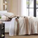 Quilt King Size - Brown White Quilt Set with Matching Shams, Vintage Floral Design Farmhouse Bedding Bedspread, 3 Pieces 100% Cotton Lightweight Coverlet Home Decor for All Season