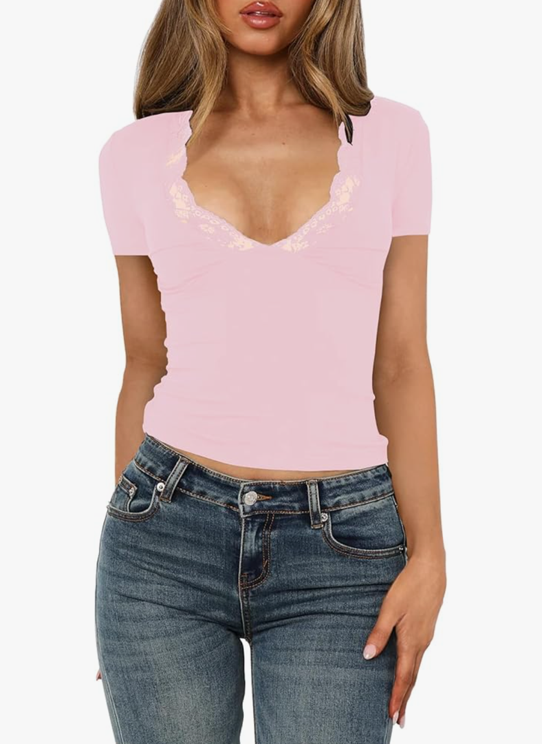 Women's Short Sleeve Sexy Lace V-Neck Summer Going Out 2025 Crop Tops Slim Fit Tees Trendy Y2k Clothing, M