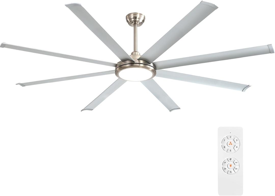 WINGBO 72 Inch Industrial Ceiling Fan with Light and Remote, 8 Aluminum Blades Ceiling Fan, 3CCT, 6-Speed Reversible Noiseless DC Motor for Kitchen Bedroom Living Room, Nickel and Silver