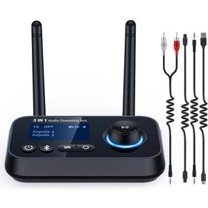 Bluetooth 5.3 Transmitter for TV Audio w. Screen Display Dual Antenna Low Latency Bluetooth Adapter Support Up to 2 BT Headphones Long Range Bluetooth Extender 3.5mm AUX/RCA/Opt Input/Output (Black)