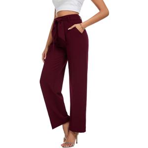 Women's Casual High Waisted Wide Leg Dress Pants with Pockets and Belt (Red, XL)