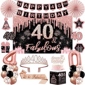 40th Birthday Decorations for Women,32PCS 40th Birthday Party Decorations,Including Backdrop, Crown, Sash, banner, Hanging Swirl,Cake Topper,balloons,Paper Fans,Anniversary Card and paper fans