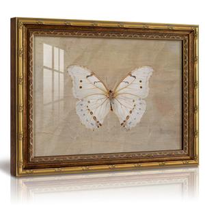 VIYYIEA 13x16 Inch Glass Gold Framed Wall Art, Vintage White Butterfly Wall Decor, Minimalist Butterfly Canvas Painting, Home Decor for Living Room Bedroom and Office