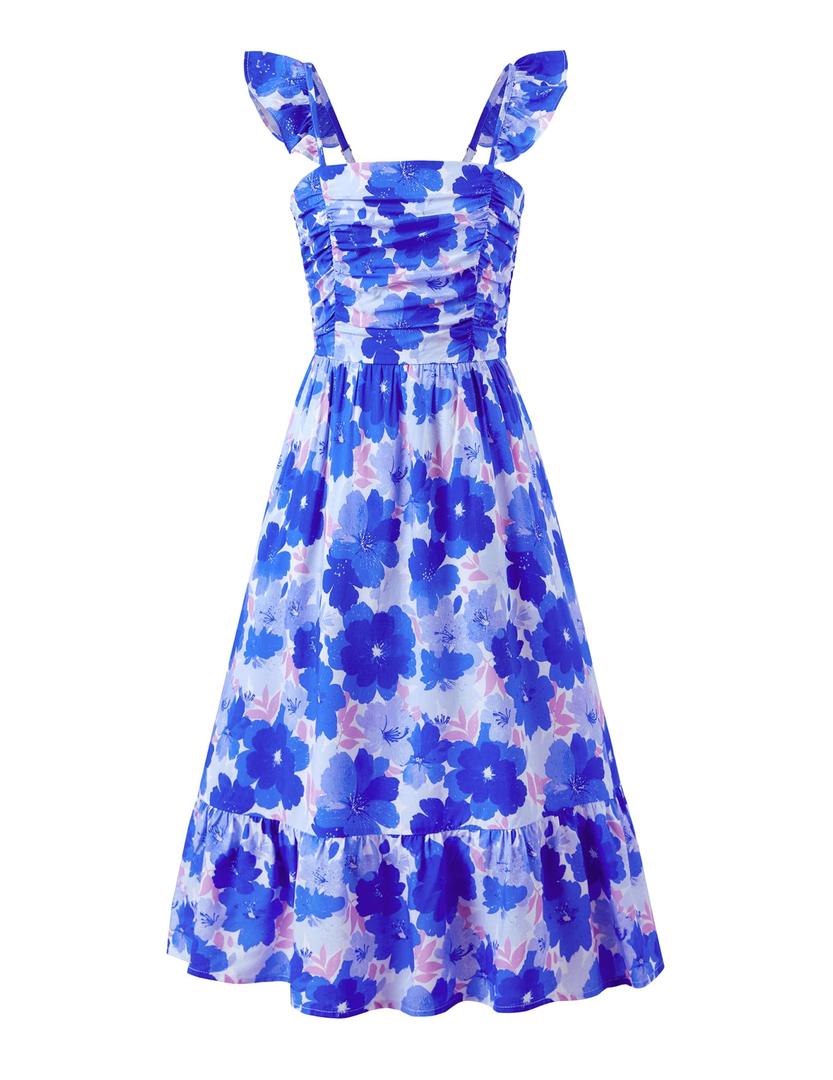 Sunny Spirit Girl's Summer Dress Tween Spring Casual Ruffle Sleeve Dresses Swing Flowy Tiered Sundresses Blue 6-7 Years (Blue)