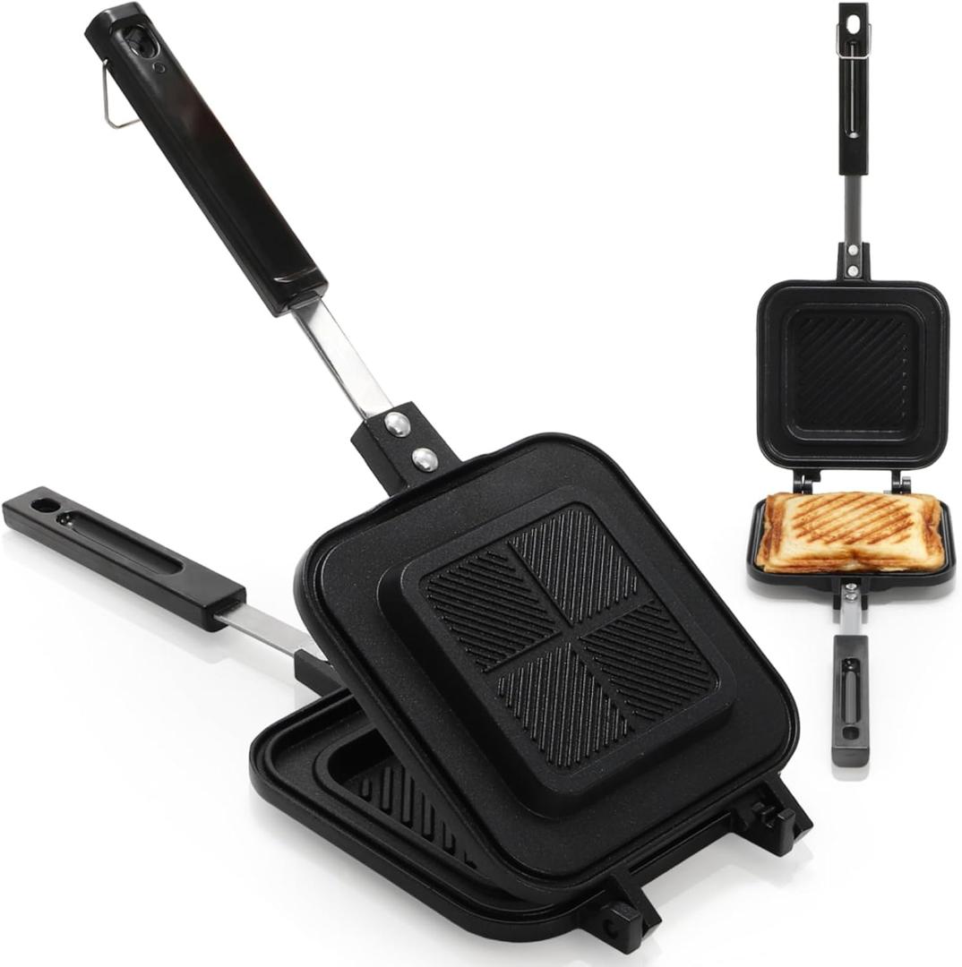 Pumtus Sandwich Maker, Non-Stick Aluminum Grilled Panini Press Pan, Stovetop Toasted Pancake Flip Pan with Handle, Cheese Frying Plate for Small Bread Breakfast Kitchen Outdoor Camping, 5.5"L x 14"H