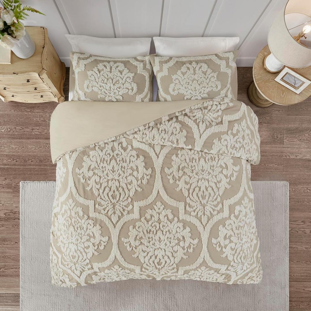 Madison Park Tufted Chenille 100% Cotton Duvet Modern Luxe All Season Comforter Cover Bed Set with Matching Shams, King/Cal King(104"x92"), Damask Taupe 3 Piece (Viola, Damsk Taupe)
