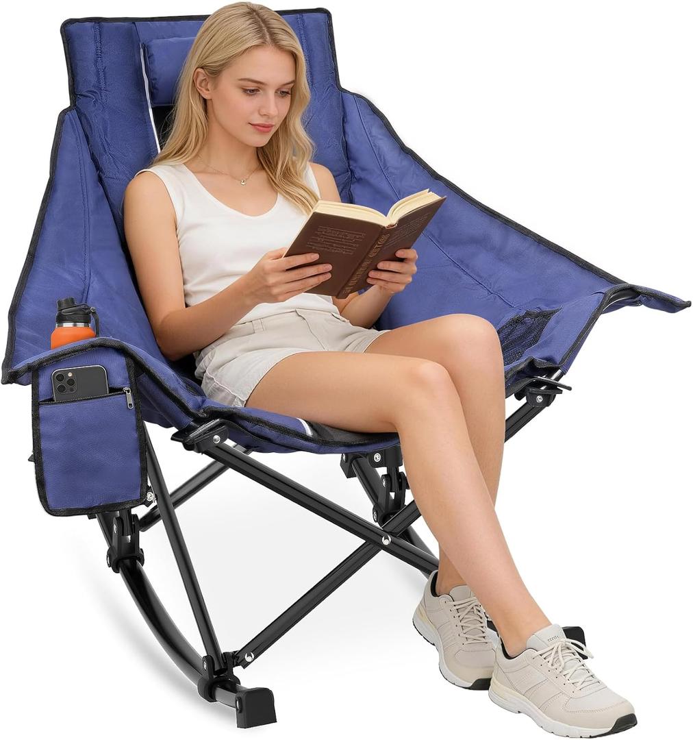 Suteck Oversized Rocking Camping Chair, Thick Padded Folding Rocking Chair for Adults, Outdoor Freestyle Rocker Chair with Cup Holder & Storage Pockets for Patio Lawn Camping