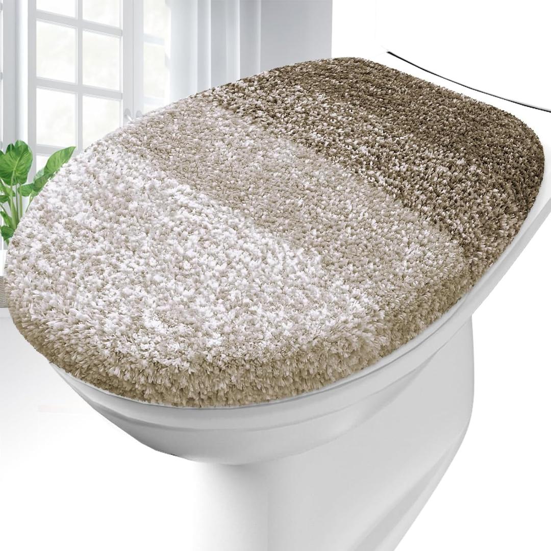 OLANLY Soft Microfiber Bathroom Toilet Lid Cover, Machine Washable Covers, 17.5x15, Stays in Place Rubber Backing, Fits Most Round, Elongated and Oblong Lids, Accessories Decor, Coffee