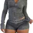 NATRUNSOO Denim Outfits for Women 2 Piece Casual Long Sleeve Zip Up Cropped Jacket Skinny Jean Shorts Set with Belt, M
