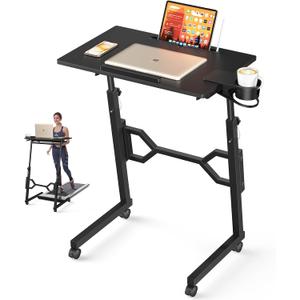 Enayplon Small Standing Desk with Wheels, Portable Treadmill Desk, Rolling Desk Adjustable Height for Laptop, Mobile Standing Table for Walking Pad, Bedside Table