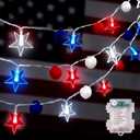 2PC 4th of July Red White Blue Lights Star and Pom-Pom Design 9.8ft 20 LED Star Fairy Patriotic Lights for fourth of july Independence Day Decorations Battery Operated for President Memorial Day Decor