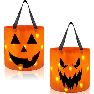 JOYIN 2 PCS Halloween Trick or Treat Bags 10 x 11.8 inches LED Light Orange Pumpkin Buckets Reusable Goody Candy Bucket for Kids Trick or Treating, Halloween Birthday Party Favor Supplies