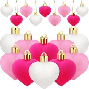 24 Velvet Heart Ornaments - Red & Pink Heart Shaped Baubles for Valentine's Day, Wedding Anniversary & Party Decor, Red,pink,white