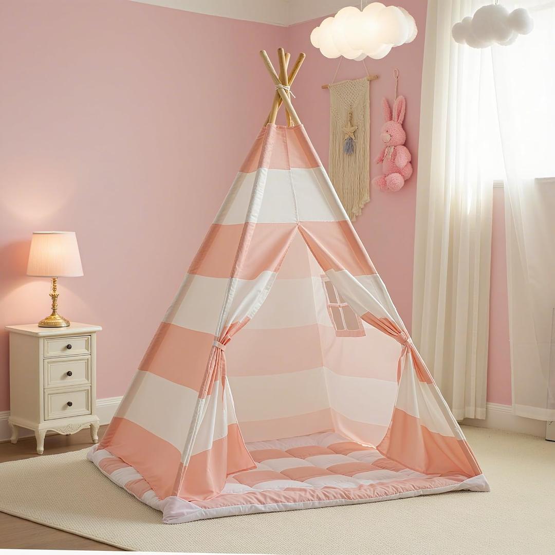 Teepee Tent for Kids with Padded Mat, Lights, and Carry Bag, Washable Playhouse for Indoor Use, Ideal Play Tent for Girls and Boys, Stripe Size: Standard