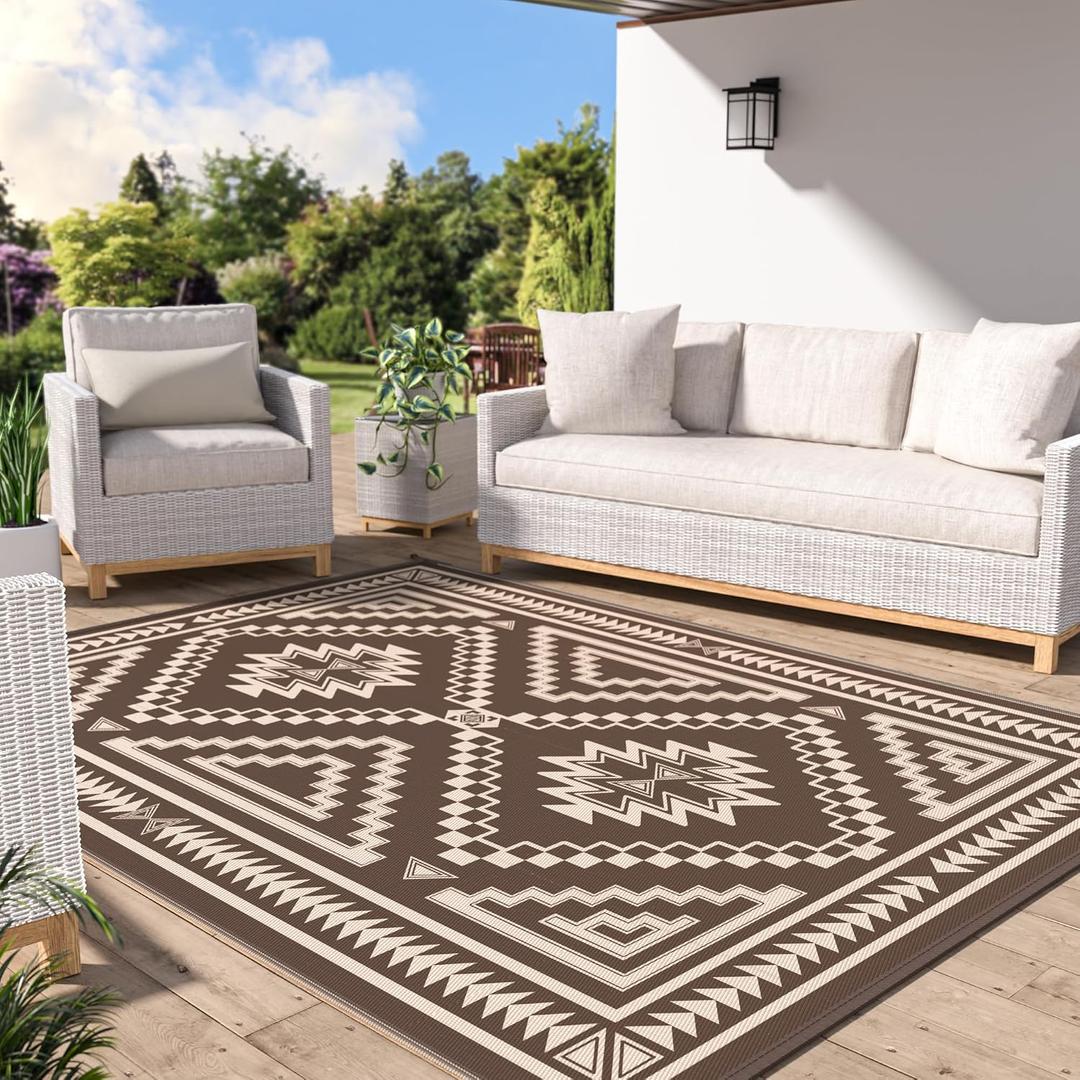 GENIMO Outdoor Rug for Patio Clearance - 8x10 ft Waterproof Plastic Camping Rugs, Reversible Outside Rv Mat Carpet for Porch, Deck, Picnic, Balcony, Beach, Backyard, Coffee Beige