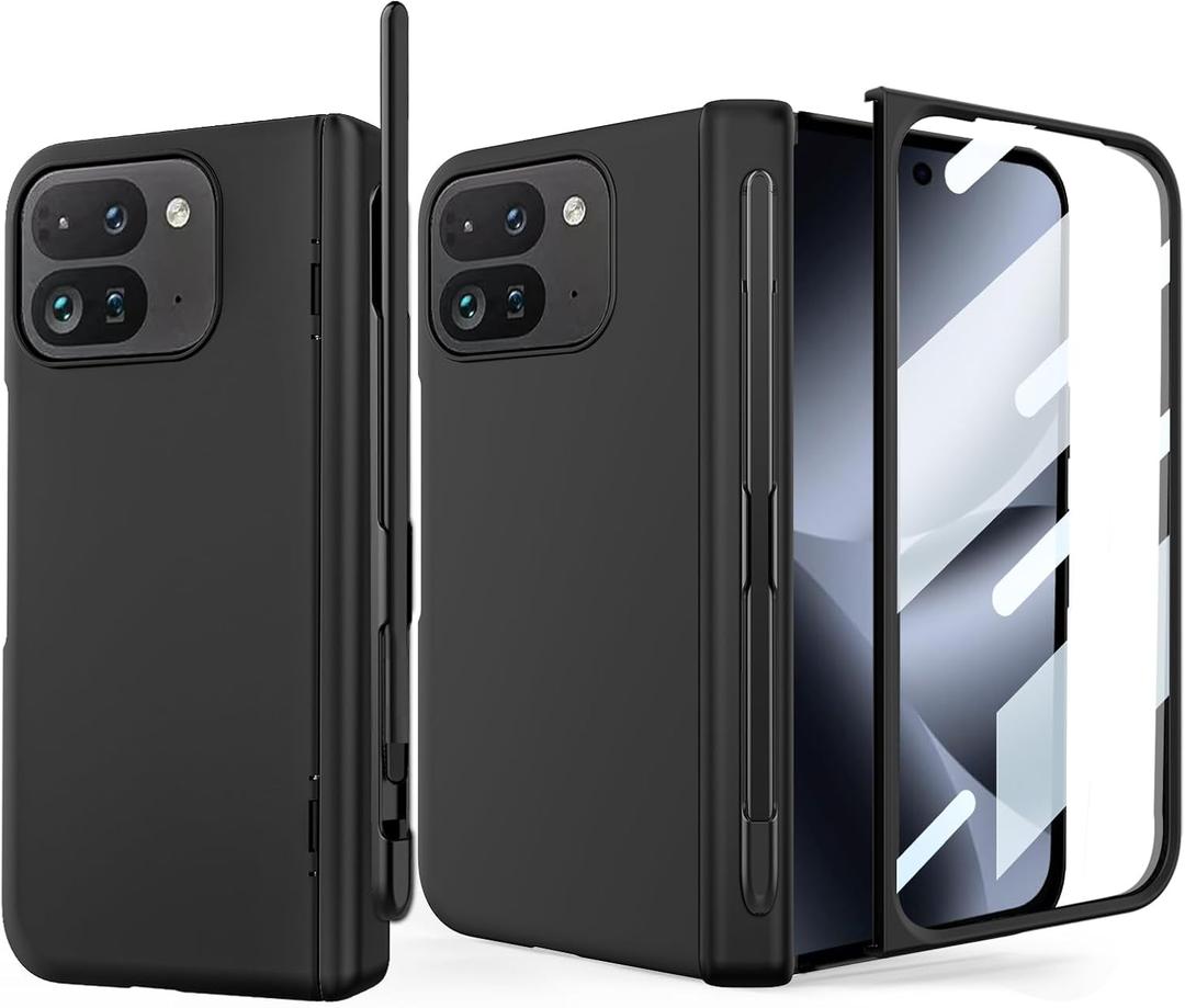 for Google Pixel 10 Pro Fold Case, Include Stylus and Detachable Pen Holder, Semi-auto Hinge Protection, Camera Protection, Built in Screen Protector, Phone Cover 5G 2025, Black