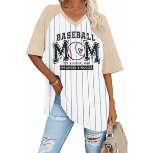 Baseball Mom Shirts for Women - Oversized V Neck Baseball Jersey Shirt Stripe Graphic Print Casual Tops Tees (Beige, M)