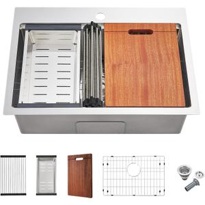 25-inch Workstation Kitchen Sink Drop In, 25x18 Inch 18 Gauge Stainless Steel Topmount Kitchen Sink Single Bowl with Cutting Board& Strainer, D25" x W18" x H9"
