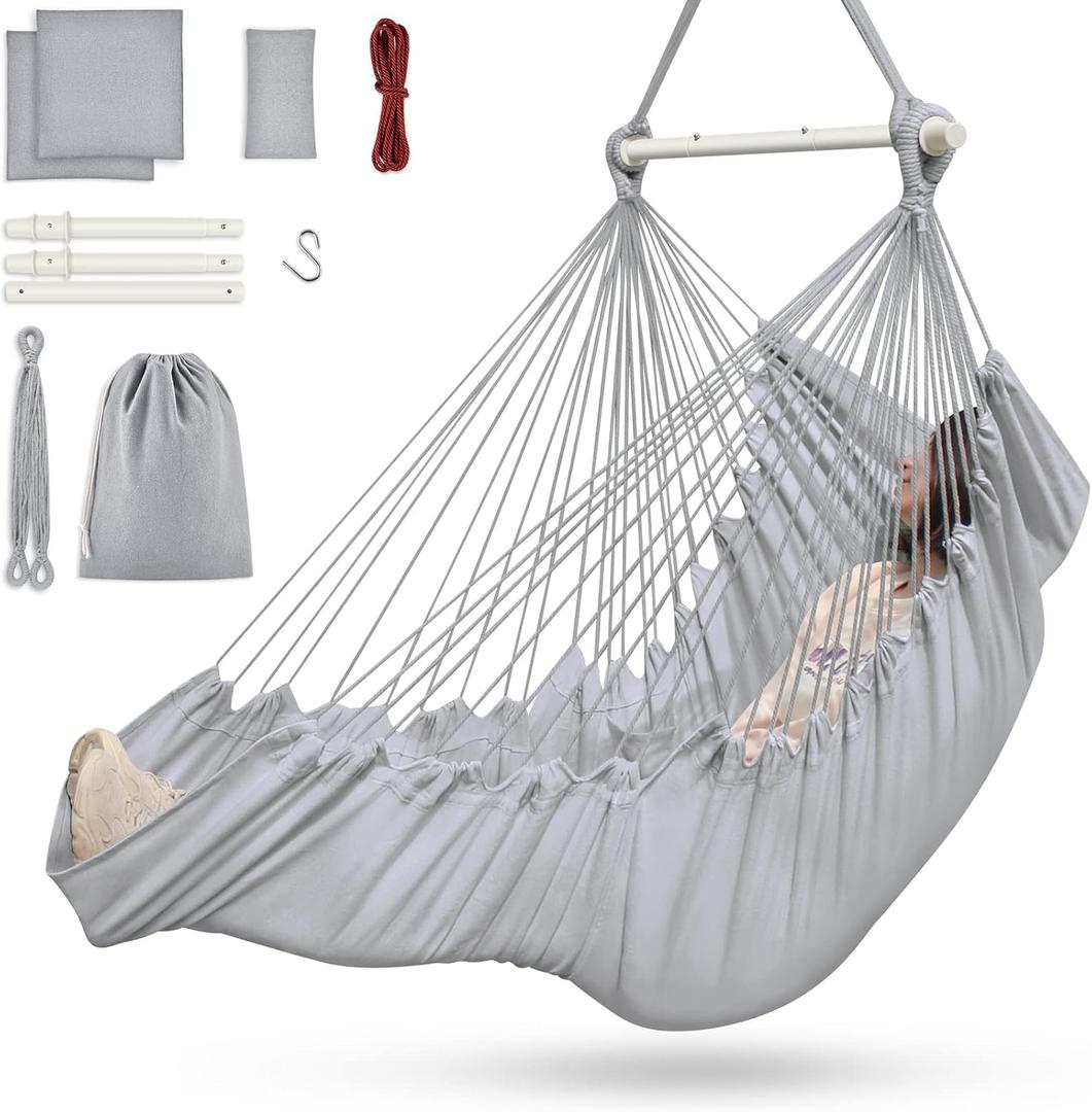 Outerman Hammock Chair, Hanging Chair with 3 Cushions and Foot Rest Support, Sturdy Metal Spreader Bar Max 440 Lbs, Swing Chair for Bedroom, Indoor & Outdoor, Patio, Porch or TreeGray (Grey)