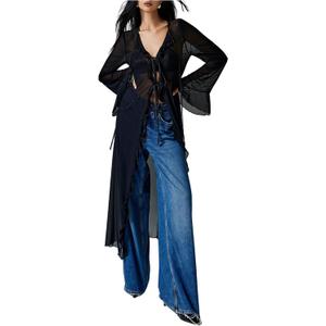 Verdusa Women's Goth Tops Y2K Mesh Tie Front Tops Bell Sleeve Tops Long Shirt 2000s Clothing (Medium, Black)