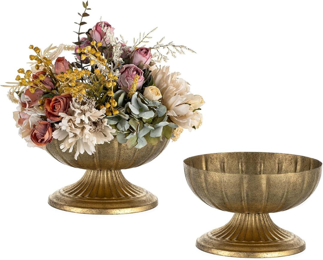 NUPTIO Gold Compote Vase for Centerpiece: 8.5" Wide Short Pedestal Footed Bowl for Flowers - Distressed Brass Urn for Decorative Wedding Table Set of 2