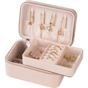 Travel Jewelry Box, 2 Layer Zipper PU Leather Portable Jewelry Organizer with Removable Trays, Compact Jewelry Case for Women (Apricot color)