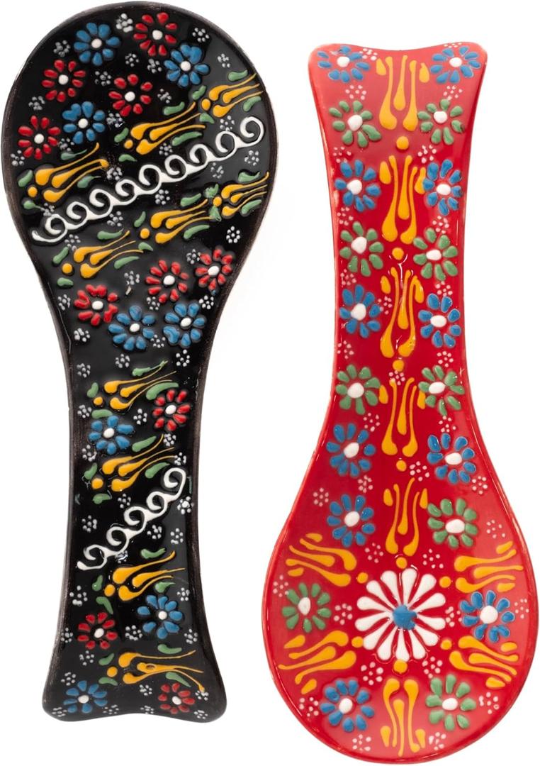 Elegant Ceramic Spoon Rest for Kitchen Counter & Stove Top - Large Spoon Holder, Farmhouse Utensil Rest, Heat-Resistant and Modern Design (Black-Red)