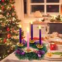 MorTime 14 Inches Christmas Wreath Candle Holder Ring, Christmas Candlestick Decoration with Glitter Berries Purple Bows and Christmas Balls for Winter Holidays Home Decor