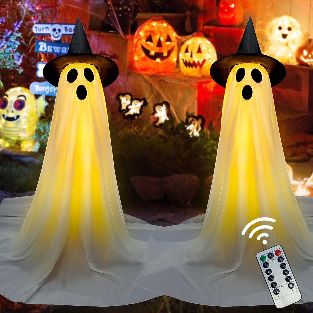 Halloween Decorations Outdoor & Indoor Decor - 2 Pack 59-inch Remote Control Spooky Ghost String Lights with Witch Hats, Halloween Lights for Porch, Yards, Patio, Garden Lawn, Party