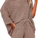 Mafulus Women's 2 Piece Outfits Sweater Sets Off Shoulder Knit Top Shorts Matching Suits Cute Pajama Lounge Set, (X-Large)