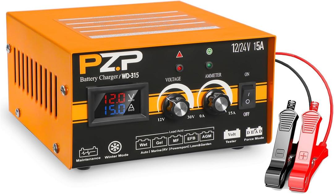 PZ.P 12V/24V Manual Car Battery Charger, 0-15A Arbitrarily Adjustable Trickle Charger, Auto Desulfator with Battery Repair, Battery Pulse Maintainer with Winter Mode for AGM GEL, Deep Cycle, Lead-acid