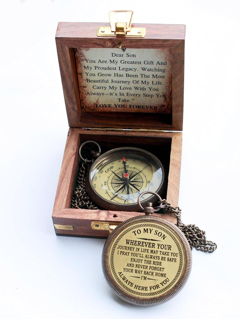 Gift for Son to My Son Compass with Wooden Box Christmas, Keepsake, Graduation Gift for boy Engraved Meaningful Gifts Functional Life Direction Compass Birthday Gift for Son