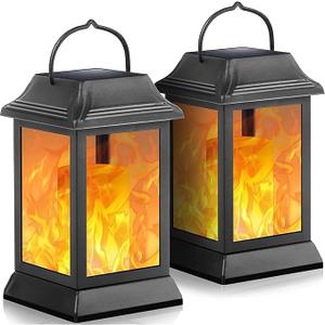 TomCare Solar Lights Metal Flickering Flame Solar Lantern Outdoor Hanging Lanterns Decorative Lighting Heavy Duty Solar Powered Waterproof Umbrella Lighting for Garden Yard Patio Deck, 2 Pack（Black）
