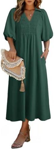 Dokotoo Summer Dresses for Women 2026 Casual Dresses V Neck Puff Sleeve Empire Waist A-Line Maxi Dress, Small