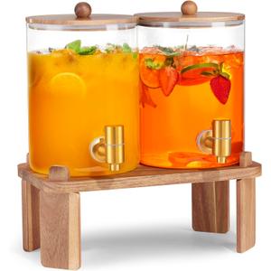 2 PCS 1 Gallon Drink dispenser, Glass Beverage Dispenser With Wood Stand, Large Water Drink Dispensers for Parties With Stainless Steel Spigot, Ideal for Lemonade,Juice, Tea, and Party Drinks