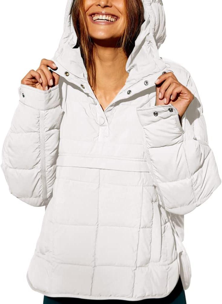 Fazortev Womens Oversized Puffer Jacket Quilted Dolman Hoodies Pullover Long Sleeve Lightweight Warm Tops Coat (Large, White)