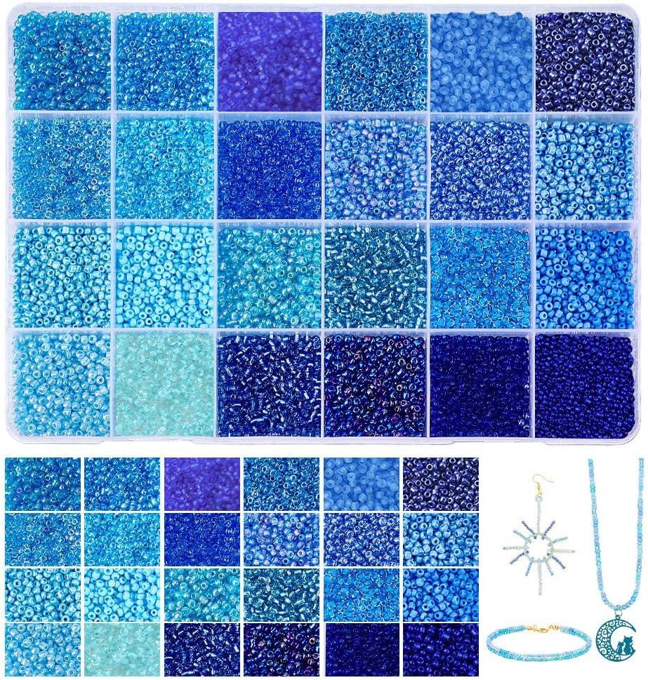 PH PandaHall 24000pcs Glass Seed Beads 2mm 12/0 Mini Blue Friendship Waist Bead 24 Colors Ocean Sea Small Tiny Spacer Beads for Bracelet Making Summer Seaside Beading Weaving