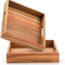 YOUEON Set of 2 Acacia Wood Serving Tray with Handles, 10x10x2 Inch Decorative Serving Trays for Food, Ottoman Tray, Square Coffee Table Trays for Dinner, Coffee, Wine, Appetizer