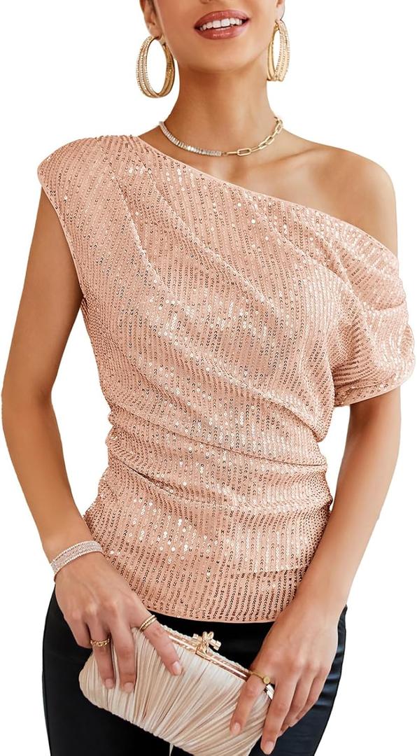 GRACE KARIN One Shoulder Sequin Sparkly Tops for Women Ruched Asymmetrical Glitter Tops Slimming Sparkle Party Shirts (X-Large, Rose Gold)
