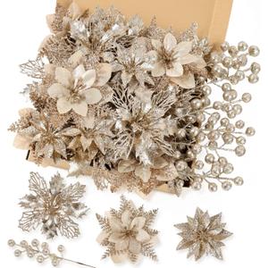 N&T NIETING 24 Pcs Christmas Poinsettia Artificial Flowers & Glitter Berries Stems Kit Christmas Floral Picks Christmas Tree Garland Wreath Filler Ornaments for Home Party Xmas Decor, Champagne Gold